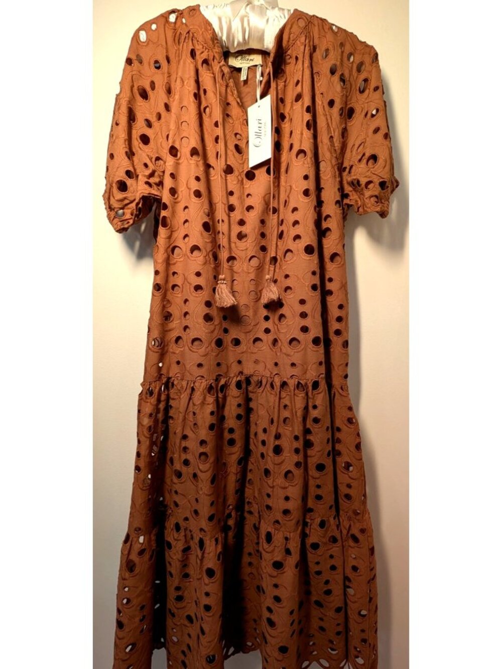 NEW Ollari Brown Cotton Eyelet Maxi Dress, Size Medium